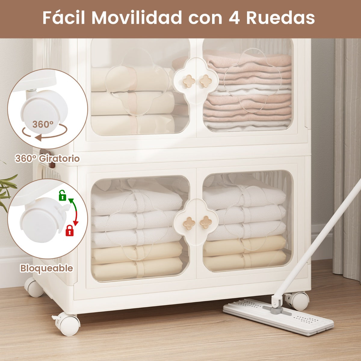 Contenedores Apilables 159/212/265L con Tapa Ruedas Organizador Plegable con Puertas Transparentes-4 Niveles