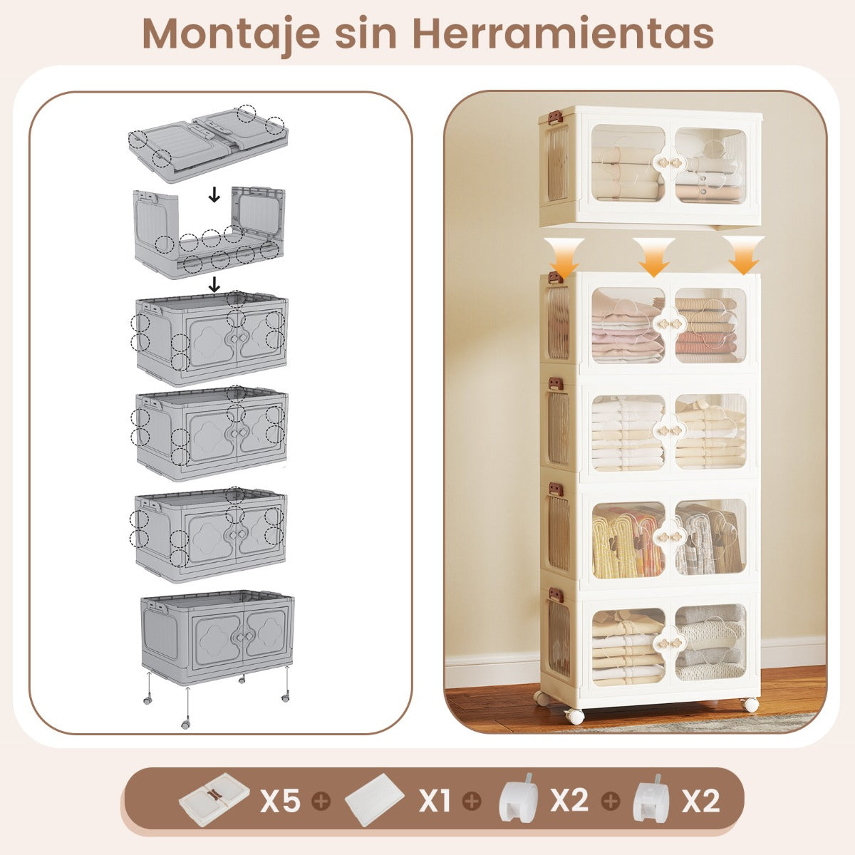 Contenedores Apilables 159/212/265L con Tapa Ruedas Organizador Plegable con Puertas Transparentes-5 Niveles