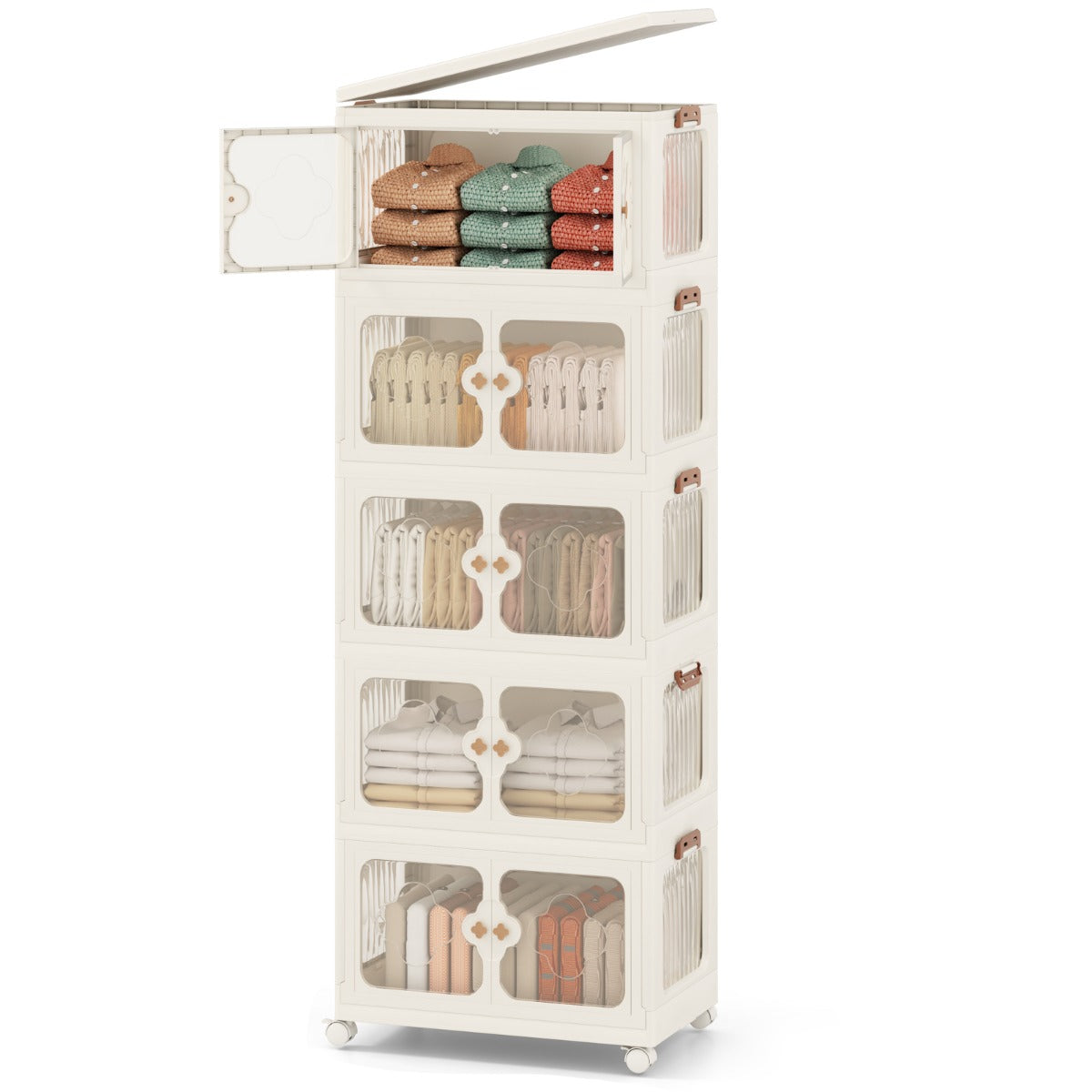 Contenedores Apilables 159/212/265L con Tapa Ruedas Organizador Plegable con Puertas Transparentes-5 Niveles