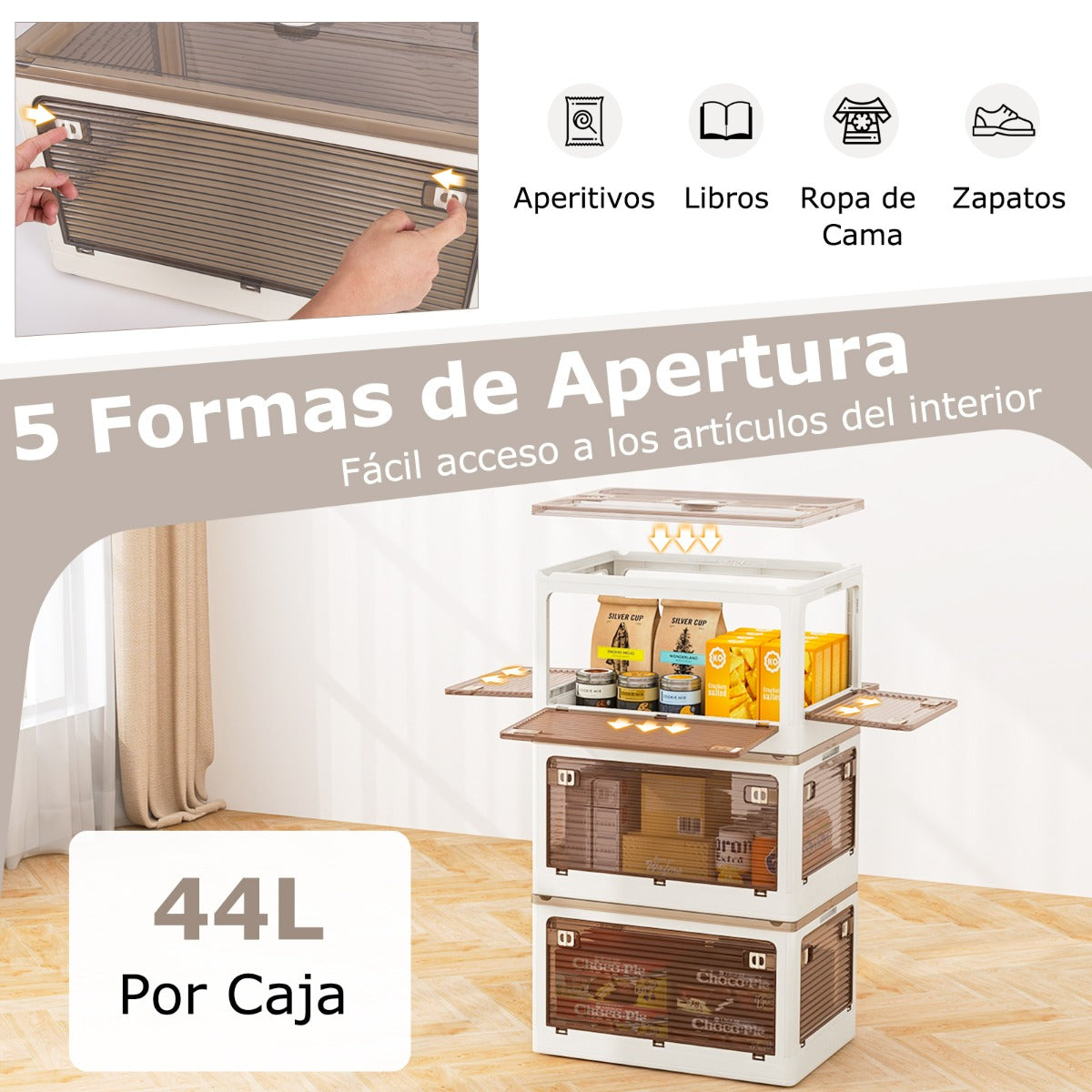 Paquete de 3 Contenedores Apilables 132 L con Tapa Caja de Plástico Plegable Organizador con Ruedas para Dormitorio Salón Cocina Blanco