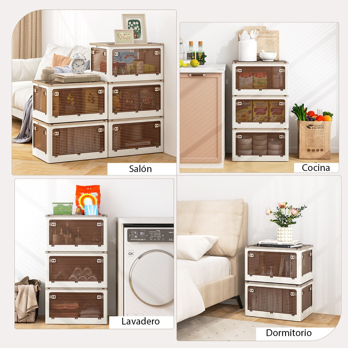 Paquete de 3 Contenedores Apilables 132 L con Tapa Caja de Plástico Plegable Organizador con Ruedas para Dormitorio Salón Cocina Blanco