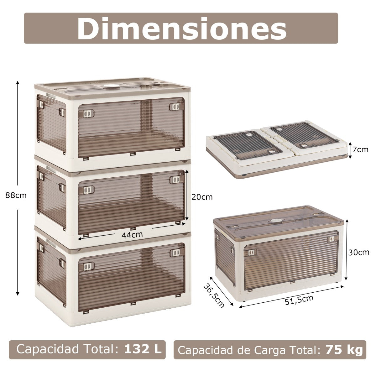 Paquete de 3 Contenedores Apilables 132 L con Tapa Caja de Plástico Plegable Organizador con Ruedas para Dormitorio Salón Cocina Blanco