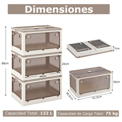Paquete de 3 Contenedores Apilables 132 L con Tapa Caja de Plástico Plegable Organizador con Ruedas para Dormitorio Salón Cocina Blanco