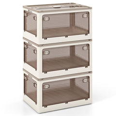 Paquete de 3 Contenedores Apilables 132 L con Tapa Caja de Plástico Plegable Organizador con Ruedas para Dormitorio Salón Cocina Blanco