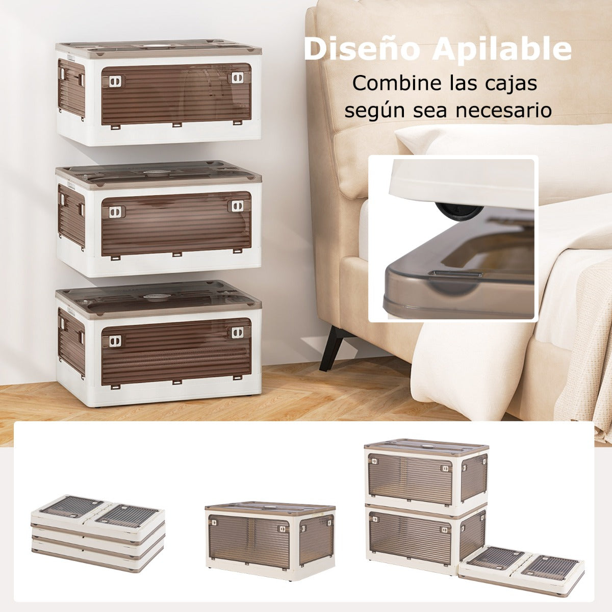 Paquete de 3 Contenedores Apilables 90 L con Tapa Caja de Plástico Plegable Organizador con Ruedas para Dormitorio Salón Cocina Blanco