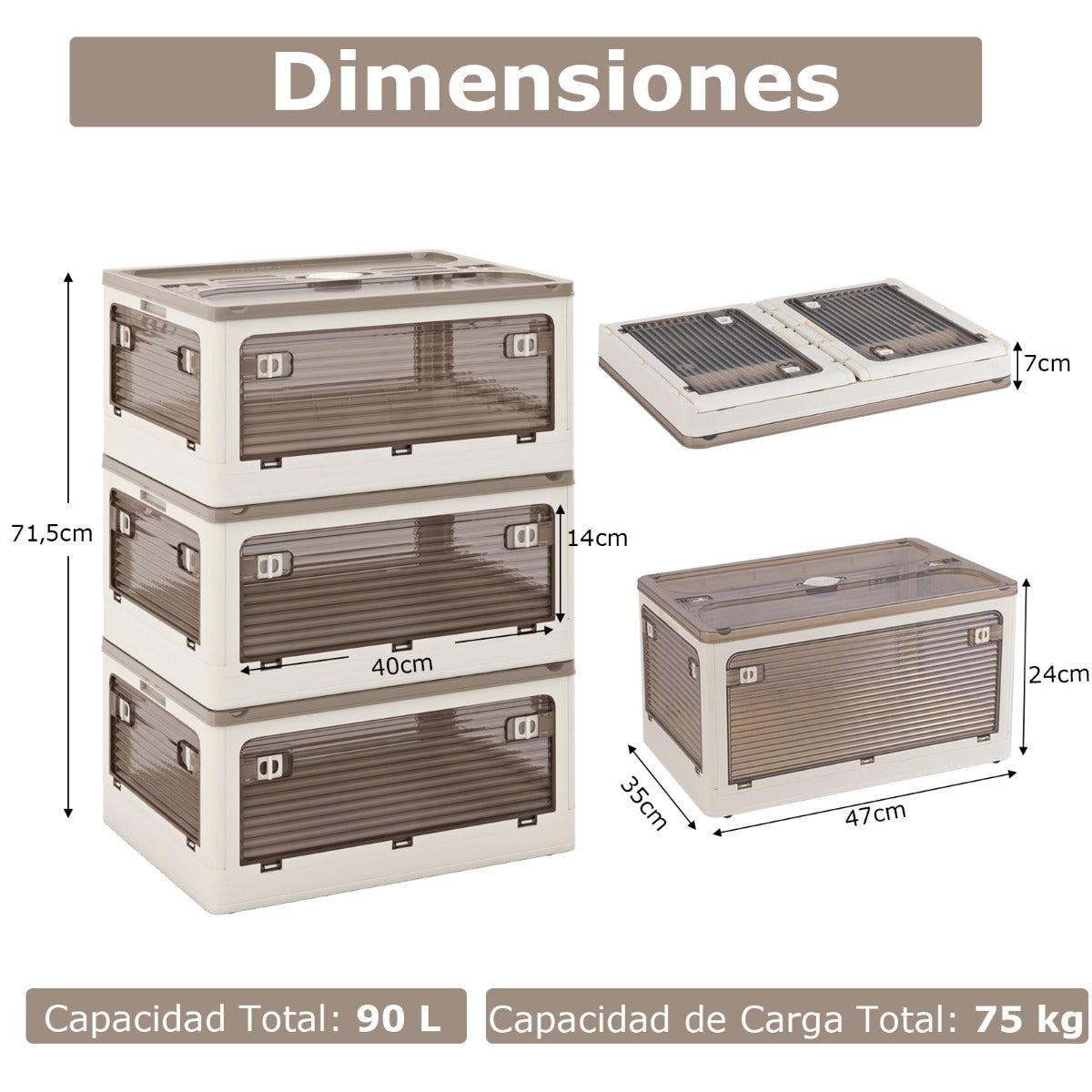 Paquete de 3 Contenedores Apilables 90 L con Tapa Caja de Plástico Plegable Organizador con Ruedas para Dormitorio Salón Cocina Blanco