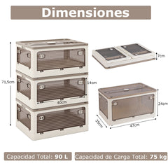Paquete de 3 Contenedores Apilables 90 L con Tapa Caja de Plástico Plegable Organizador con Ruedas para Dormitorio Salón Cocina Blanco