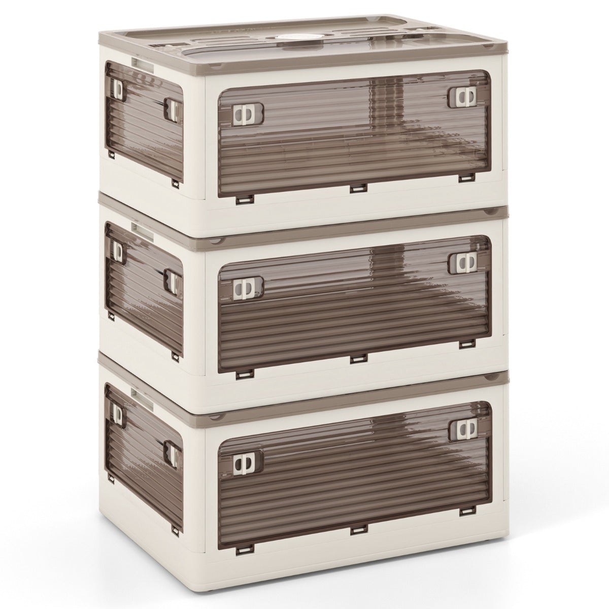 Paquete de 3 Contenedores Apilables 90 L con Tapa Caja de Plástico Plegable Organizador con Ruedas para Dormitorio Salón Cocina Blanco
