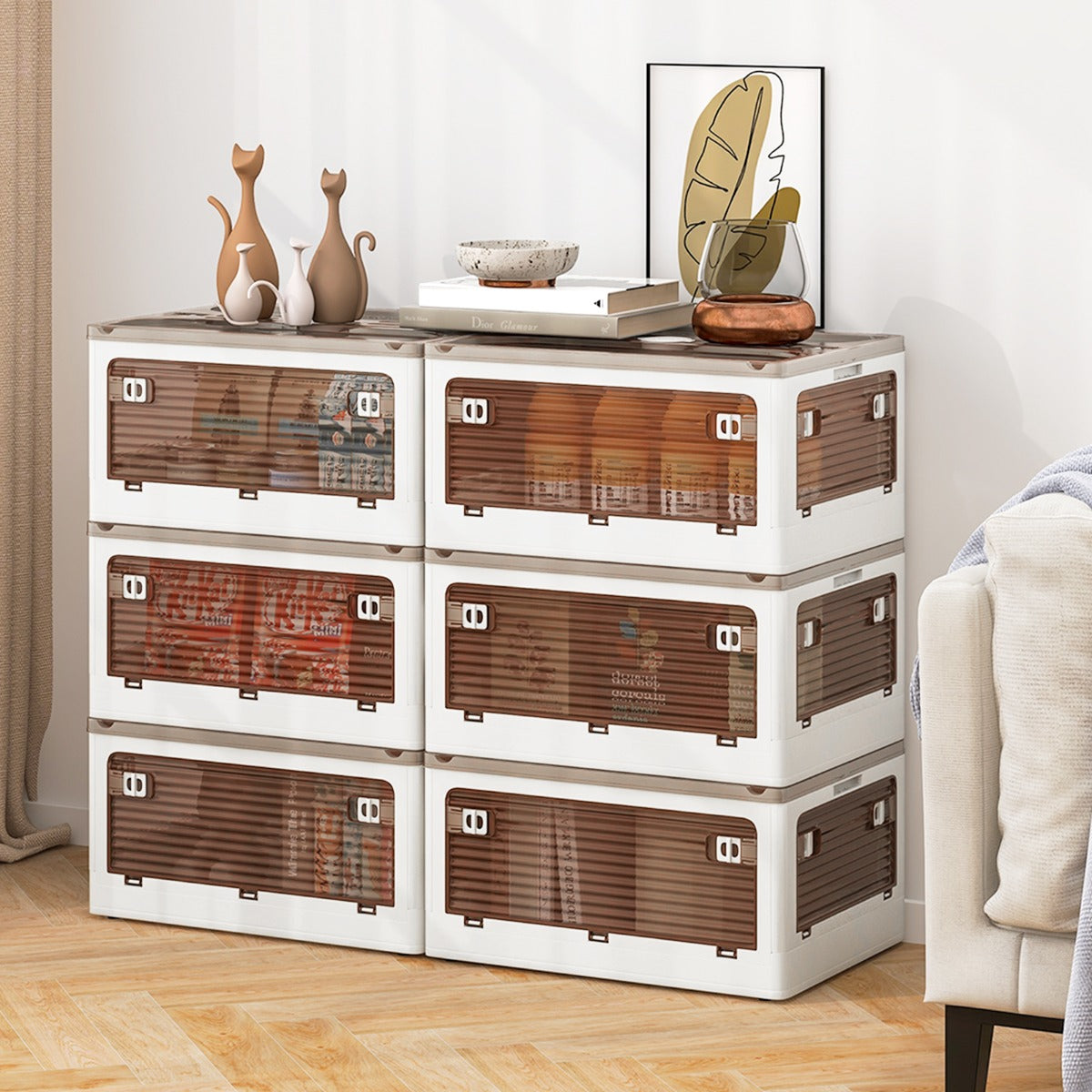 Paquete de 3 Contenedores Apilables 90 L con Tapa Caja de Plástico Plegable Organizador con Ruedas para Dormitorio Salón Cocina Blanco