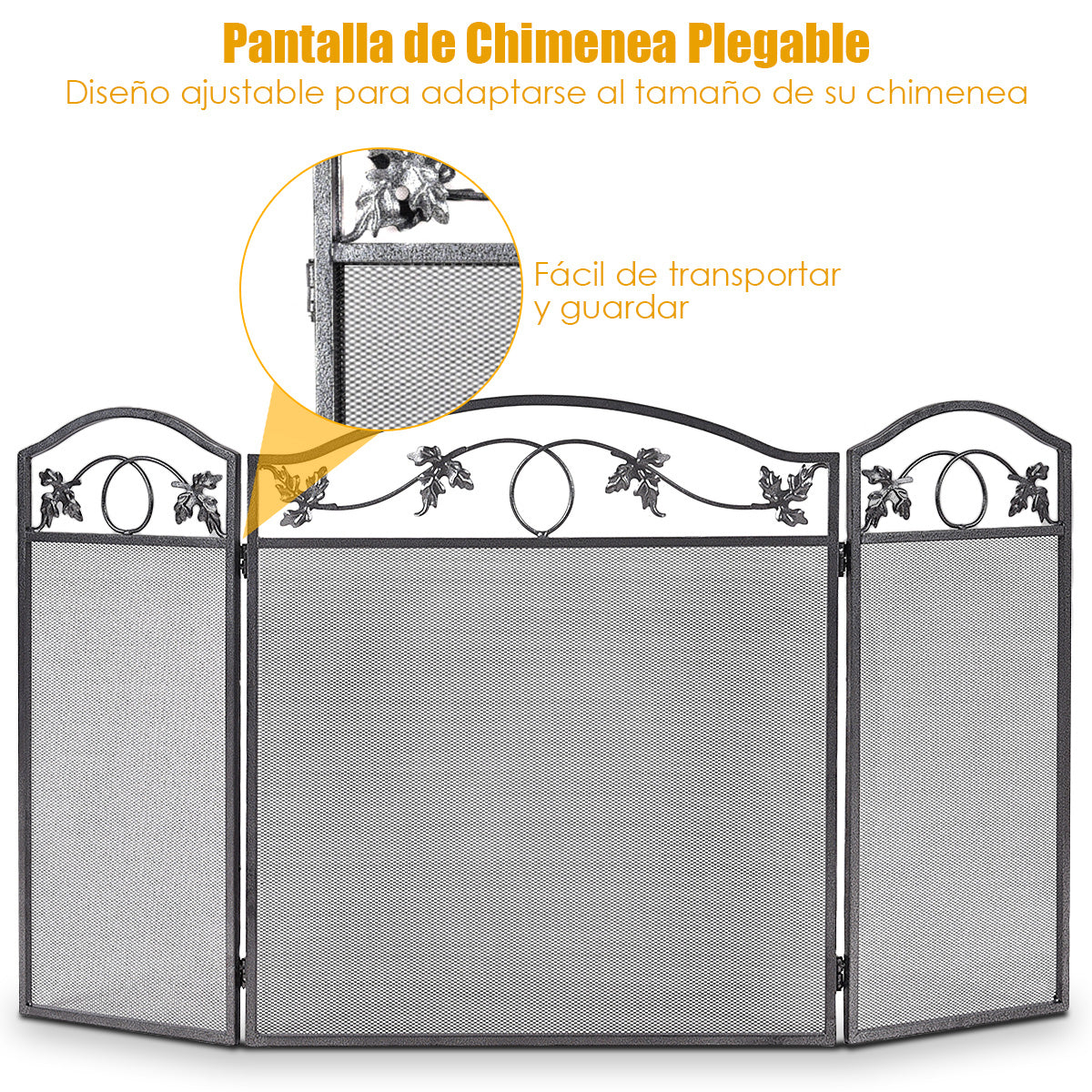 Valla de Chimenea Plegable de 3 Paneles Pantalla de Chimenea Marco de Metal Cubierta de Malla Decorativa Segura para Bebé 128 x 2 x 74 cm