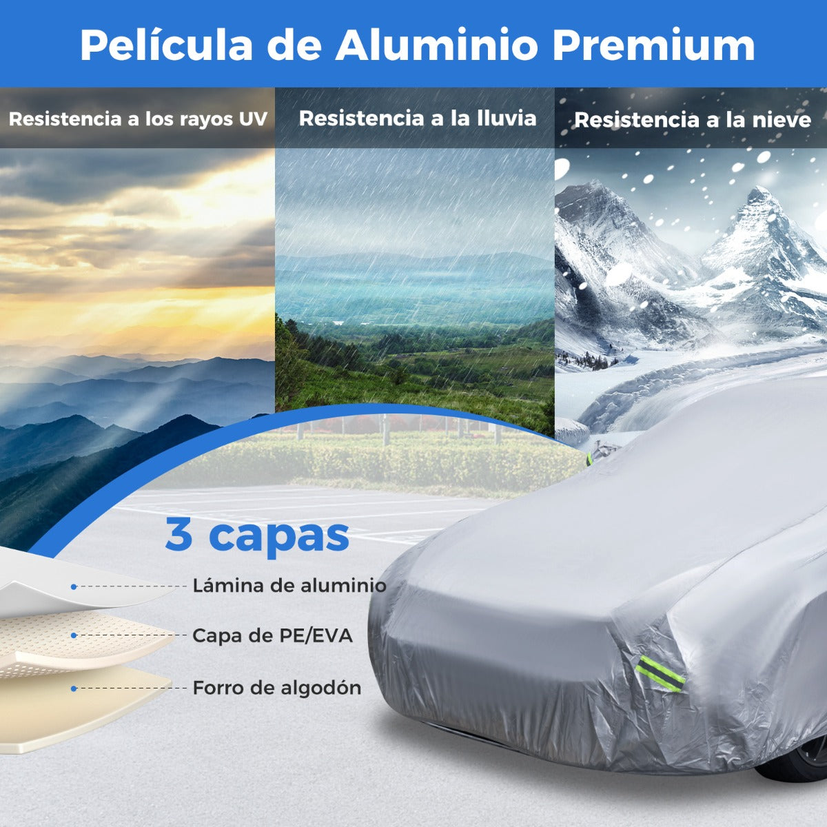 Funda Coche con Cremallera Tiras Reflectantes y Bolsa de Almacenamiento Funda para Auto para Rayos UV Lluvia y Nieve 479 x 173 cm Negro