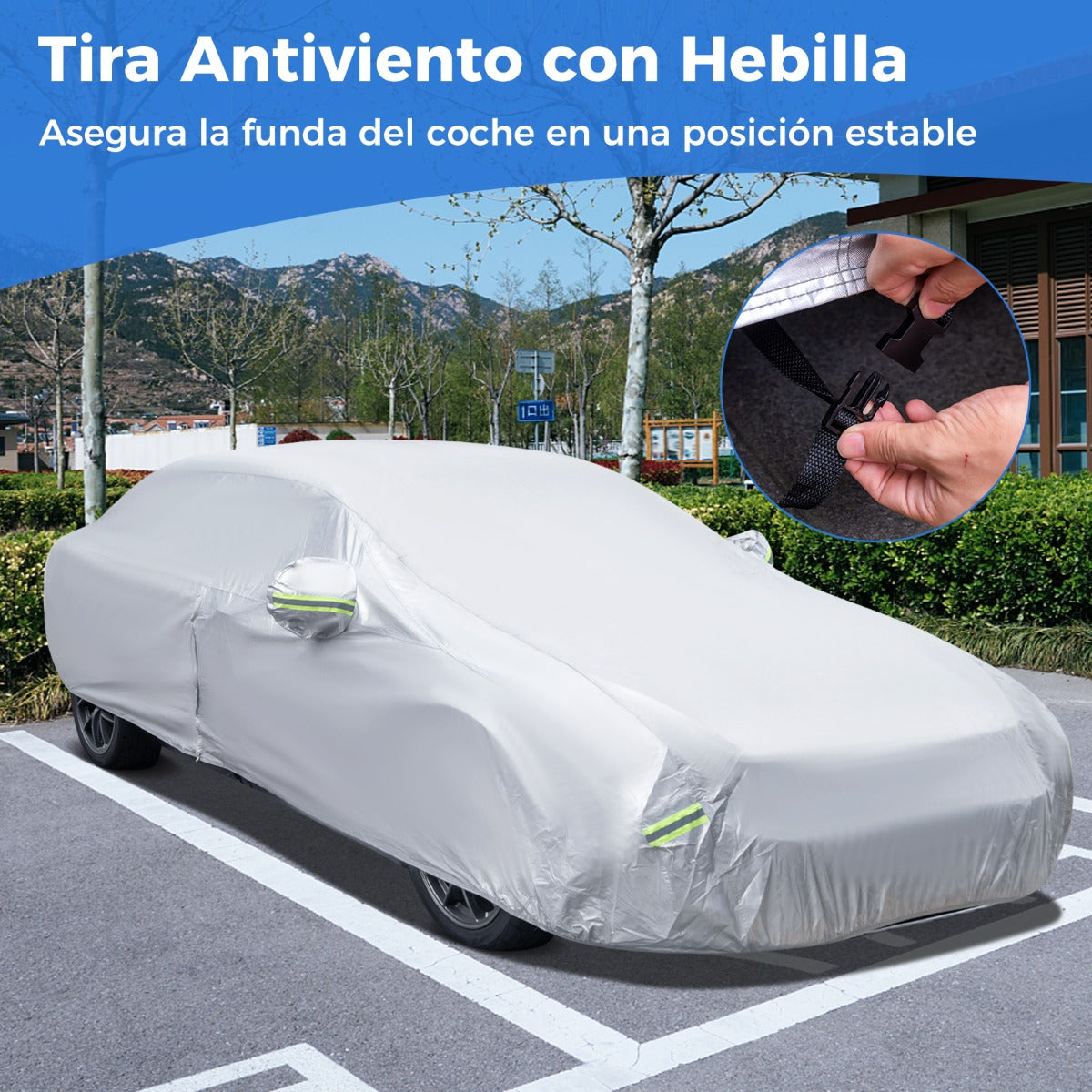 Funda Coche con Cremallera Tiras Reflectantes y Bolsa de Almacenamiento Funda para Auto para Rayos UV Lluvia y Nieve 455 x 165 cm Negro