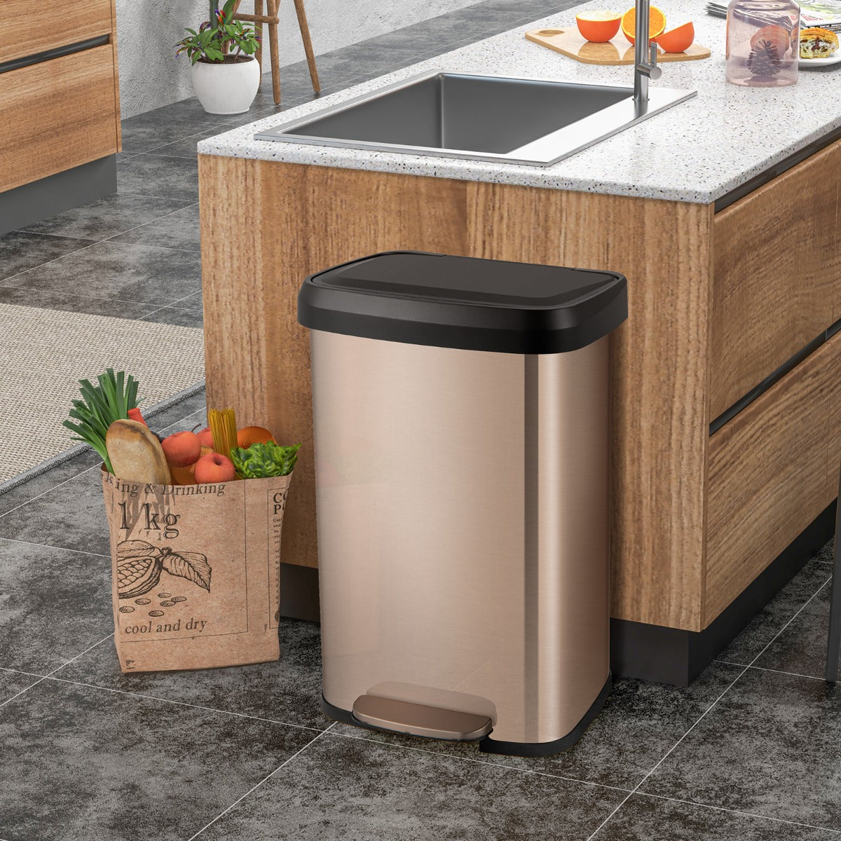50/68L Cubo de Basura de Acero Inoxidable con Pedal Tapa de Cierre Suave y Compartimento Desodorizante-Oro rosa-50L