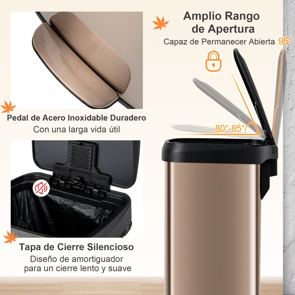 50/68L Cubo de Basura de Acero Inoxidable con Pedal Tapa de Cierre Suave y Compartimento Desodorizante-Oro rosa-50L