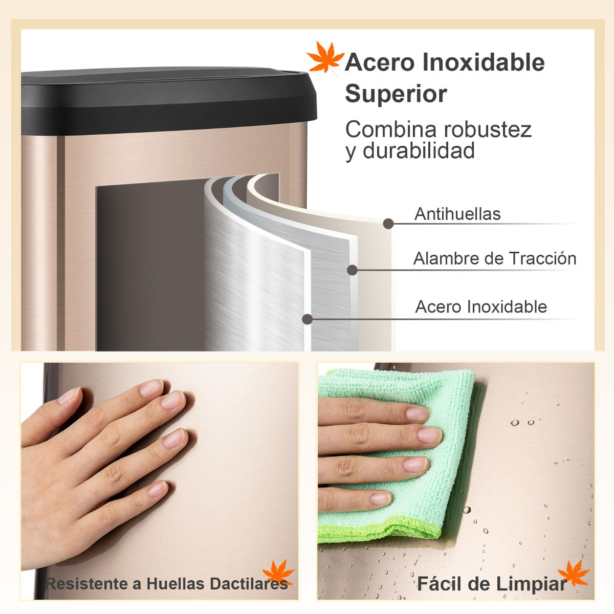 50/68L Cubo de Basura de Acero Inoxidable con Pedal Tapa de Cierre Suave y Compartimento Desodorizante-Oro rosa-50L