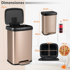 50/68L Cubo de Basura de Acero Inoxidable con Pedal Tapa de Cierre Suave y Compartimento Desodorizante-Oro rosa-50L