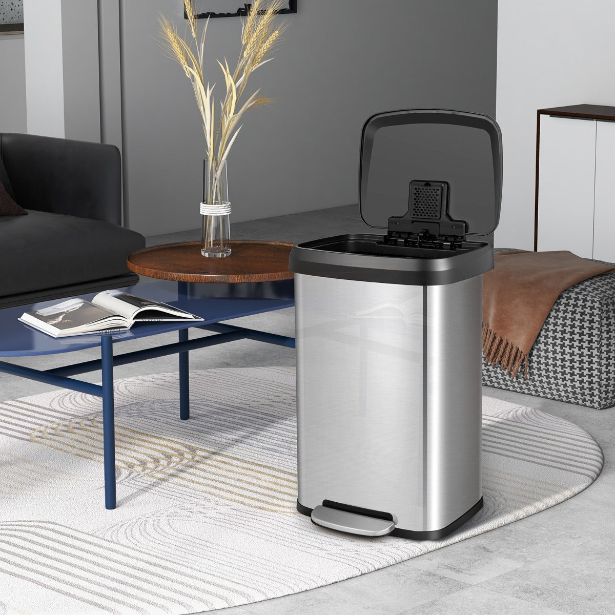 50/68L Cubo de Basura de Acero Inoxidable con Pedal Tapa de Cierre Suave y Compartimento Desodorizante-Plata-50L