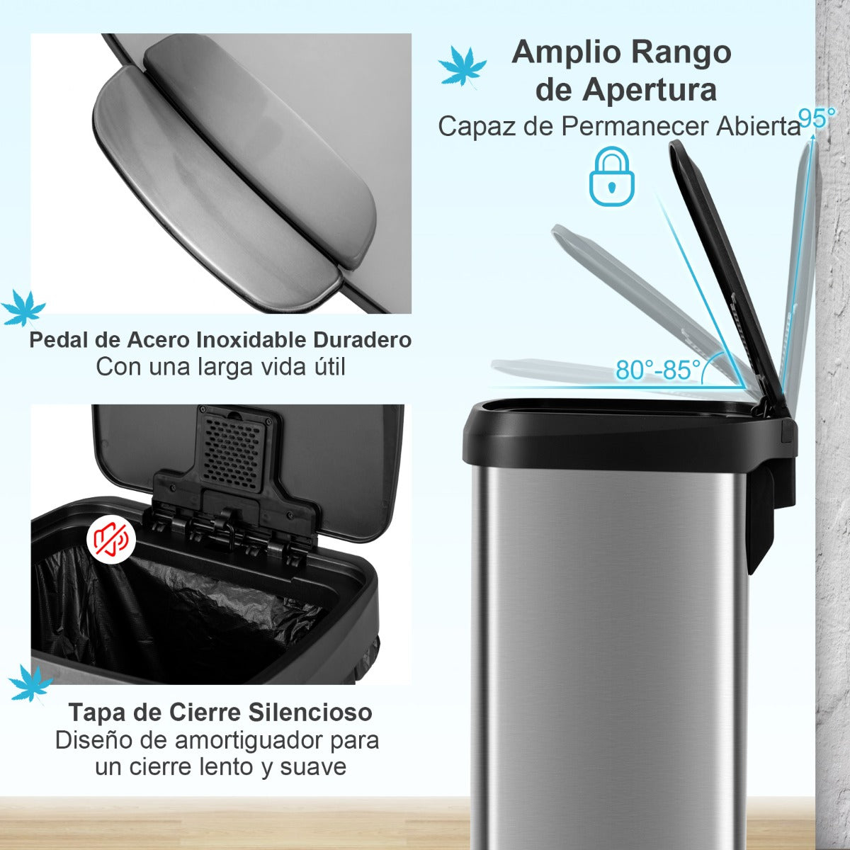 50/68L Cubo de Basura de Acero Inoxidable con Pedal Tapa de Cierre Suave y Compartimento Desodorizante-Plata-50L