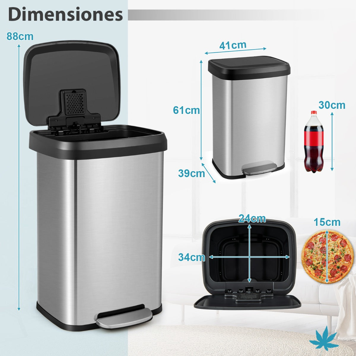 50/68L Cubo de Basura de Acero Inoxidable con Pedal Tapa de Cierre Suave y Compartimento Desodorizante-Plata-50L