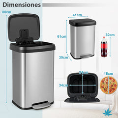 50/68L Cubo de Basura de Acero Inoxidable con Pedal Tapa de Cierre Suave y Compartimento Desodorizante-Plata-50L