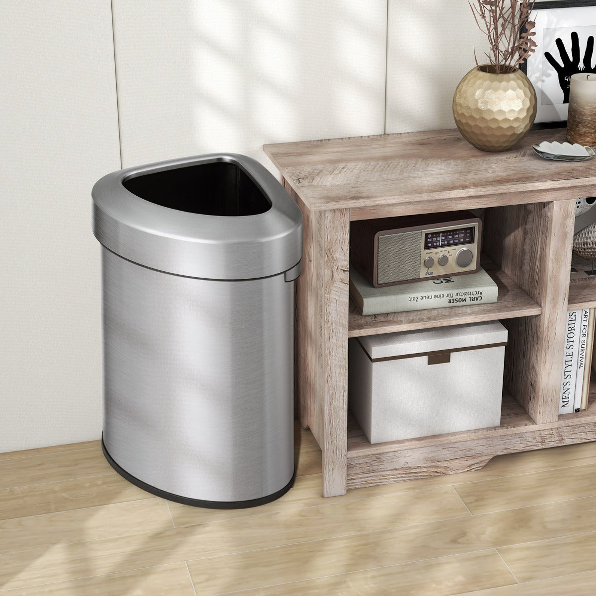 Cubo de Basura de Esquina de Acero Inoxidable de 60 L con Tapa Fondo Antideslizante Cubo de Basura para Espacios Estrechos Cocina Plata