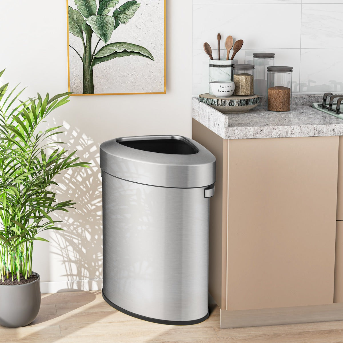 Cubo de Basura de Esquina de Acero Inoxidable de 60 L con Tapa Fondo Antideslizante Cubo de Basura para Espacios Estrechos Cocina Plata