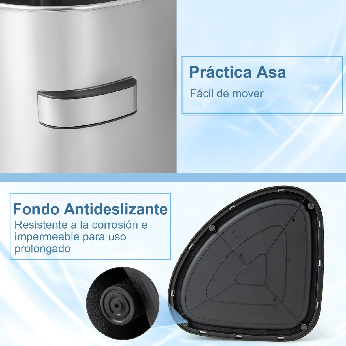 Cubo de Basura de Esquina de Acero Inoxidable de 60 L con Tapa Fondo Antideslizante Cubo de Basura para Espacios Estrechos Cocina Plata