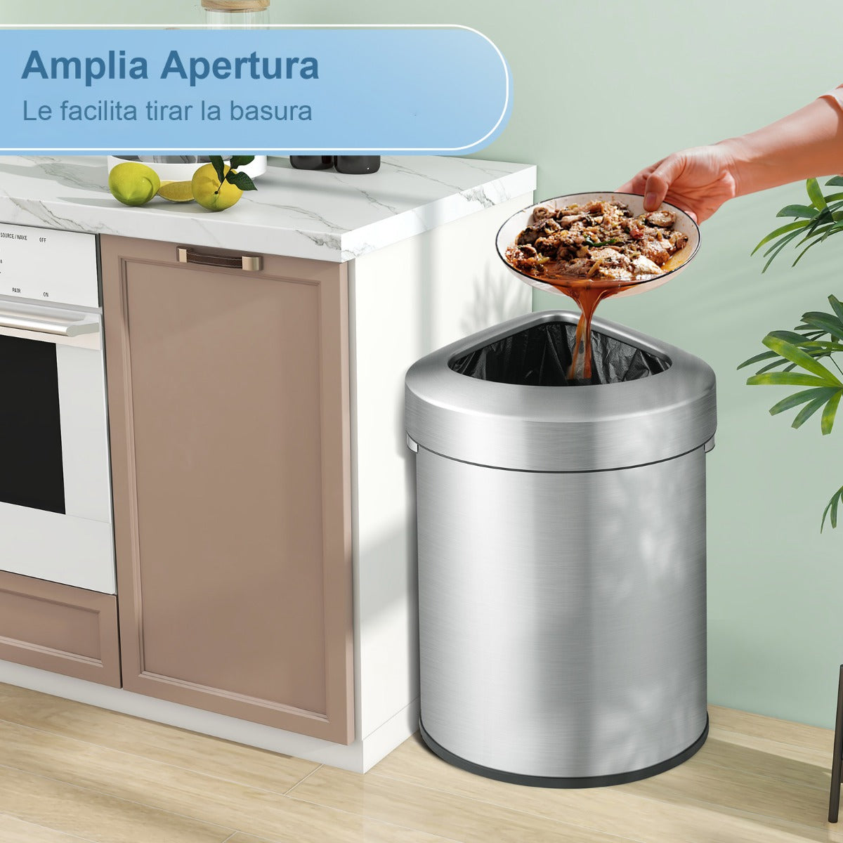 Cubo de Basura de Esquina de Acero Inoxidable de 60 L con Tapa Fondo Antideslizante Cubo de Basura para Espacios Estrechos Cocina Plata