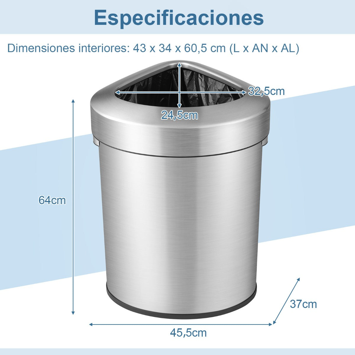 Cubo de Basura de Esquina de Acero Inoxidable de 60 L con Tapa Fondo Antideslizante Cubo de Basura para Espacios Estrechos Cocina Plata