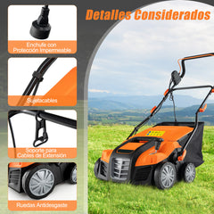 Desmalezador Plegable Eléctrico de 41 cm 2 en 1 de 15 A con Ajuste de Altura y de Profundidad con Bolsa Recolectora de 55 L Naranja