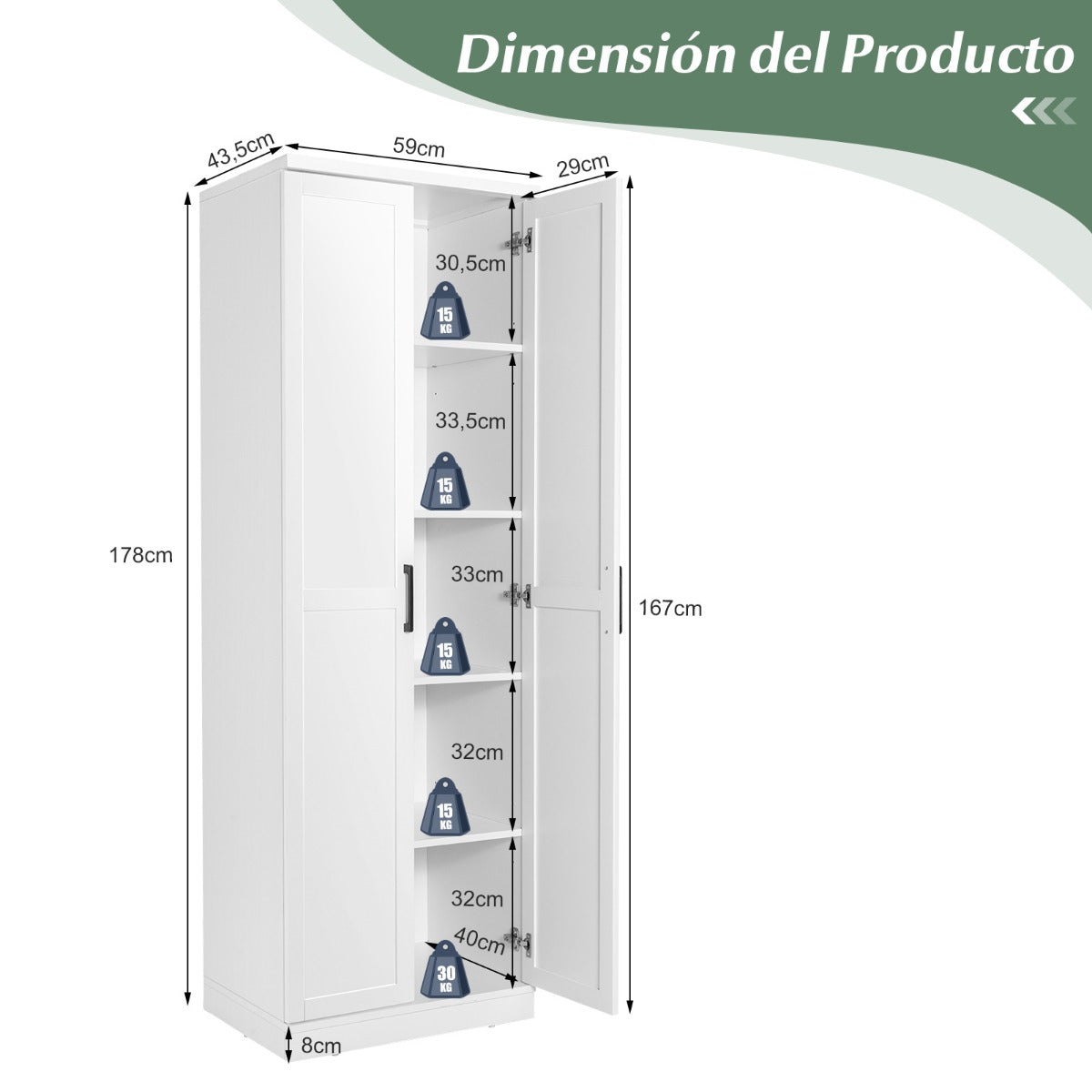Armario de Almacenamiento Multifuncional con 2 Puertas y 5 Estantes Ajustables 59 x 43,5 x 178 cm Blanco