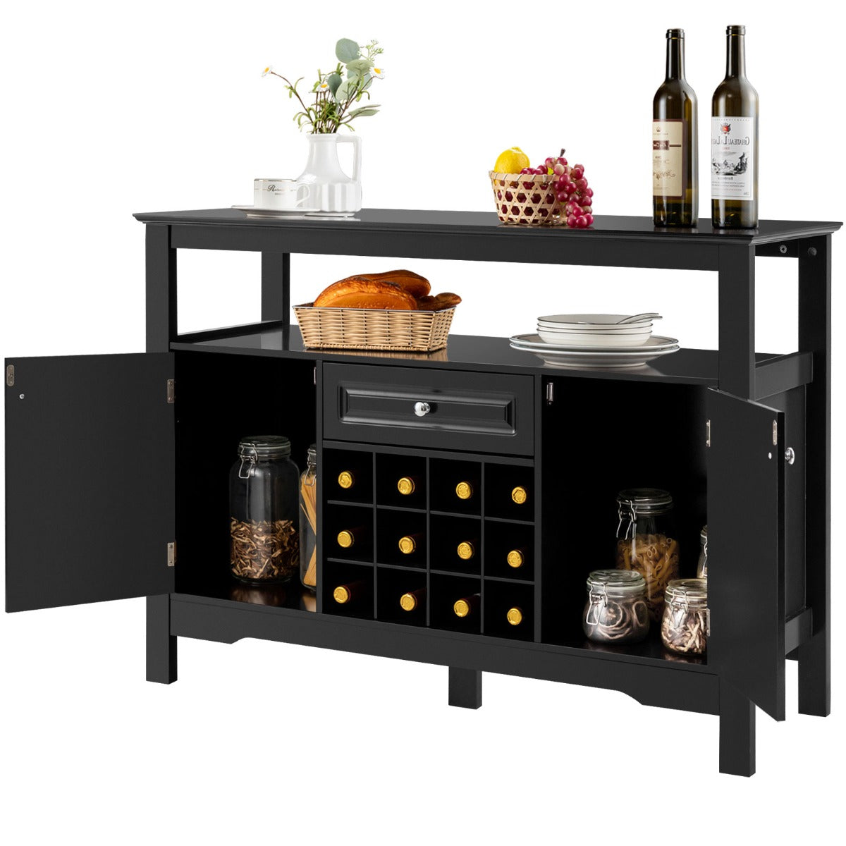 Mueble para Cocina Despensa con Porta Botellas de Vino con 2 Armarios para Comedor 117 x 40,5 x 82,5 cm Negro