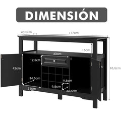 Mueble para Cocina Despensa con Porta Botellas de Vino con 2 Armarios para Comedor 117 x 40,5 x 82,5 cm Negro