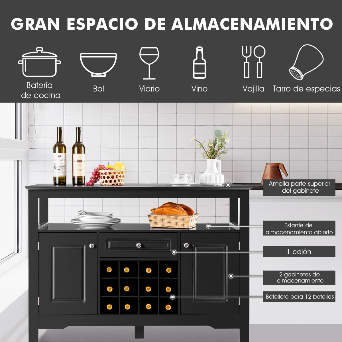 Mueble para Cocina Despensa con Porta Botellas de Vino con 2 Armarios para Comedor 117 x 40,5 x 82,5 cm Negro