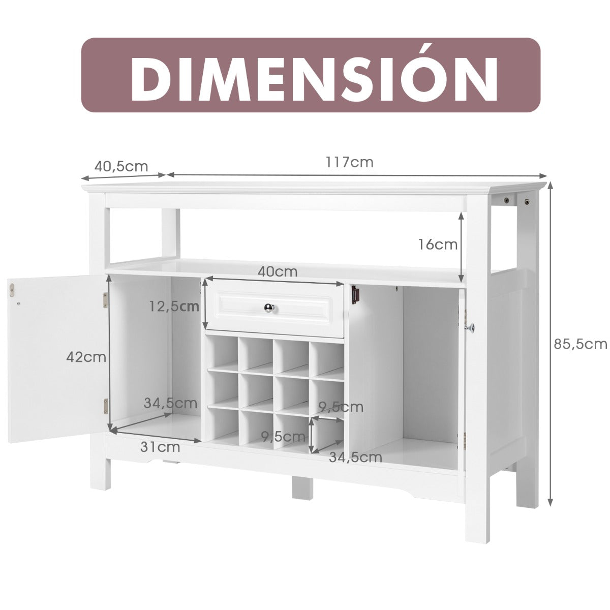 Despensa para Cocina Moderna con 2 Armarios y Cajón para Cocina Comedor Salón 117 x 40,5 x 82,5 cm Blanco