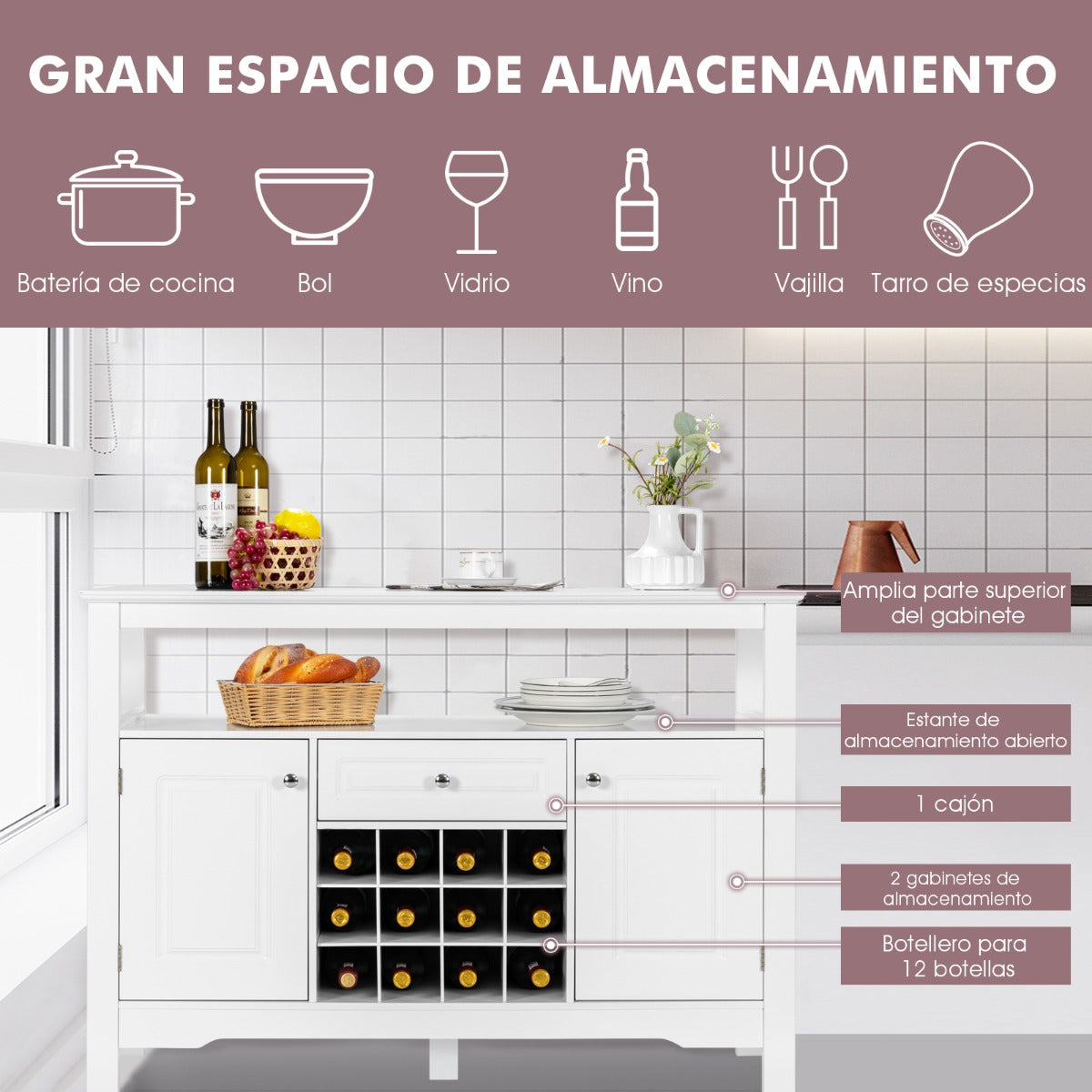 Despensa para Cocina Moderna con 2 Armarios y Cajón para Cocina Comedor Salón 117 x 40,5 x 82,5 cm Blanco