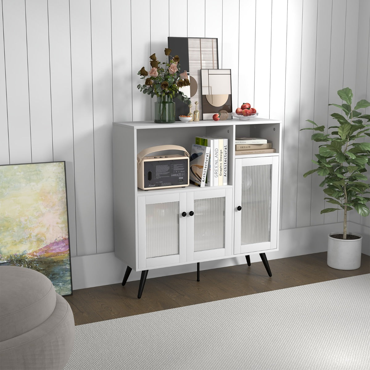Mueble Industrial Despensa para Cocina con Puertas en Vidrio Templado Repisas Regulables para Comedor Salón Estudio 100 x 39,5 x 100 cm Blanco