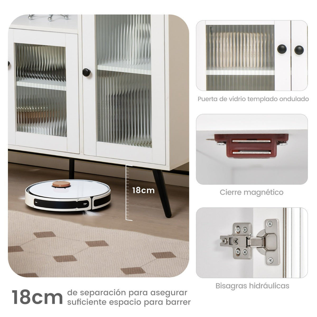 Mueble Industrial Despensa para Cocina con Puertas en Vidrio Templado Repisas Regulables para Comedor Salón Estudio 100 x 39,5 x 100 cm Blanco