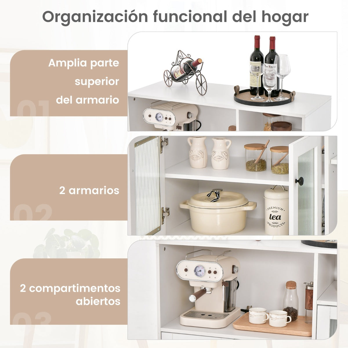 Mueble Industrial Despensa para Cocina con Puertas en Vidrio Templado Repisas Regulables para Comedor Salón Estudio 100 x 39,5 x 100 cm Blanco