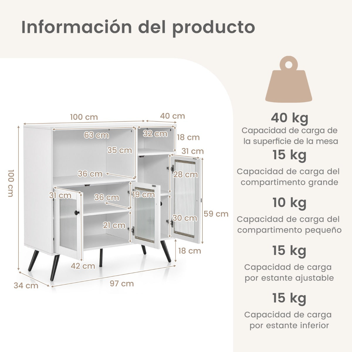 Mueble Industrial Despensa para Cocina con Puertas en Vidrio Templado Repisas Regulables para Comedor Salón Estudio 100 x 39,5 x 100 cm Blanco