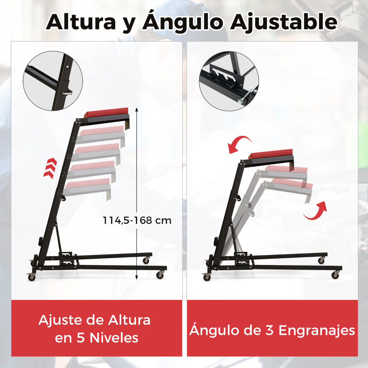 Elevador Lateral Plegable Mecanismo Automotriz con Altura Ajustable de 114,5 a 168 cm y Ángulo de 3 Velocidades Plataforma Acolchada