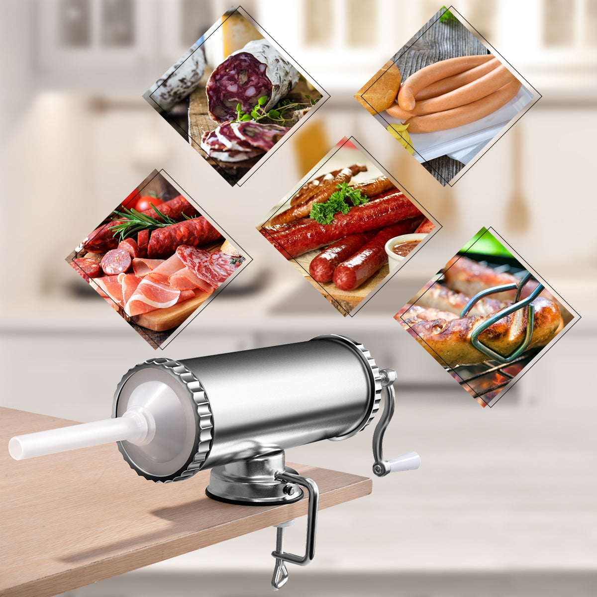 2,5kg Embutidora de Salchichas Manual en aluminio con Ventosa de Sujeción con 3 tubos de distintos grosores