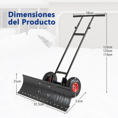 Pala de Nieve de 91,5 cm con Ruedas Empujador de Nieve de Metal con Ángulo Ajustable Mango Ajustable en Altura y Ángulo para Entrada Negro