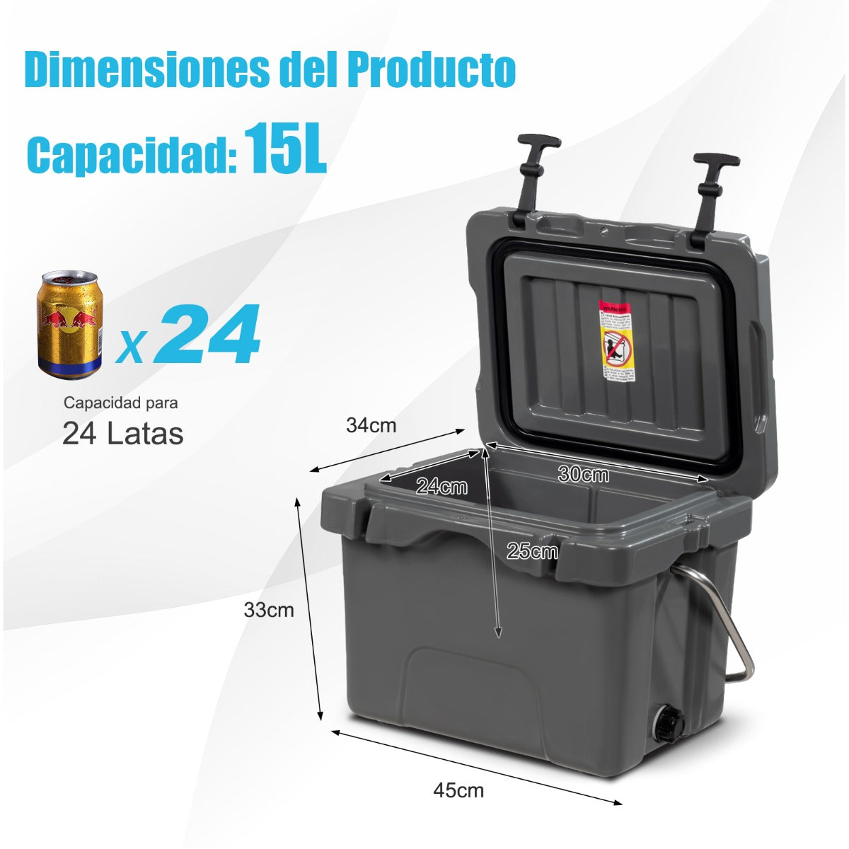 Enfriador 15 L Caja de Hielo Portátil a Prueba de Fugas 24 Latas para Camping 46 x 34 x 33 cm Gris