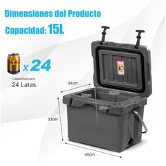Enfriador 15 L Caja de Hielo Portátil a Prueba de Fugas 24 Latas para Camping 46 x 34 x 33 cm Gris