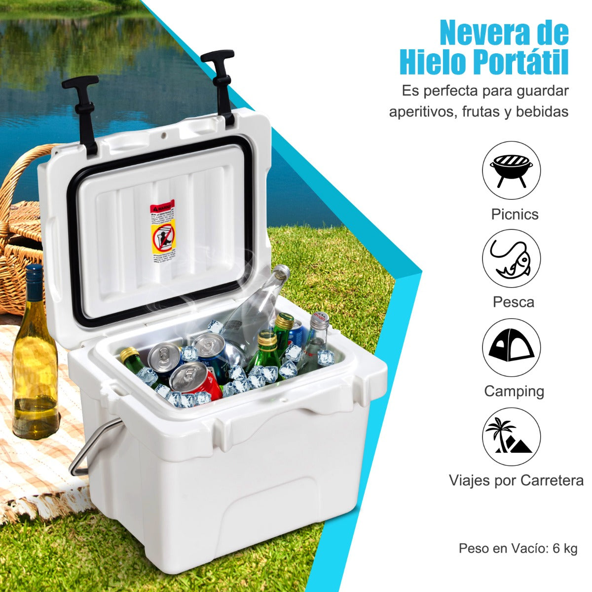 Enfriador 15 L Caja de Hielo Portátil a Prueba de Fugas 24 Latas para Camping 46 x 34 x 33 cm Blanco