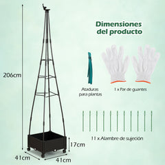 Enrejado de Obelisco para Plantas Trepadoras Soporte Alto con Sistema de Autodrenaje Tamaño Ajustable Ruedas 41 x 41 x 208 cm Negro