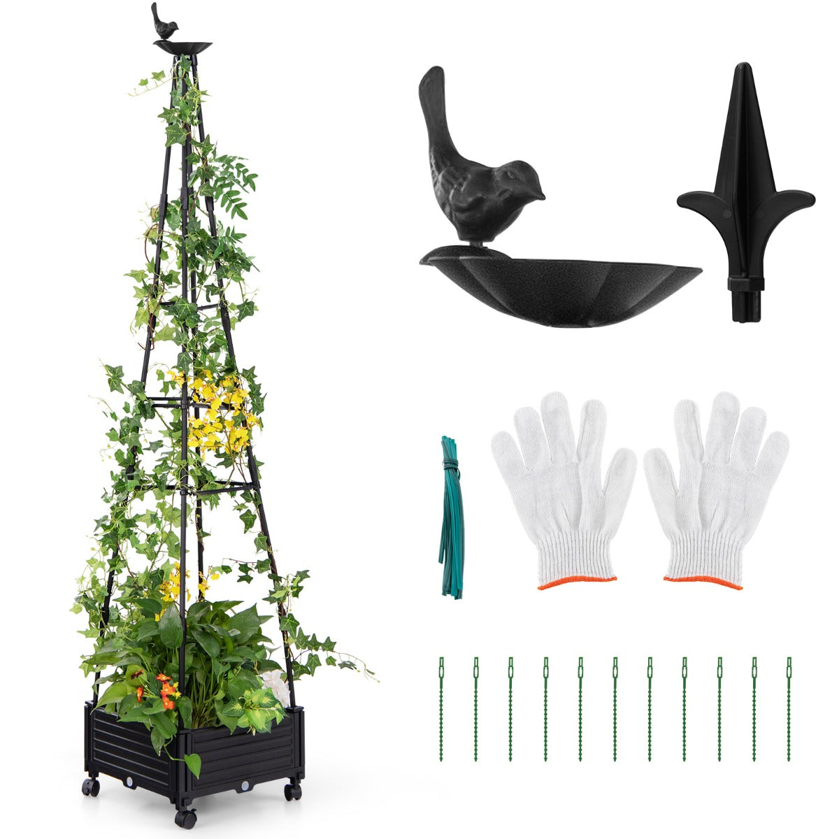 Enrejado de Obelisco para Plantas Trepadoras Soporte Alto con Sistema de Autodrenaje Tamaño Ajustable Ruedas 41 x 41 x 208 cm Negro