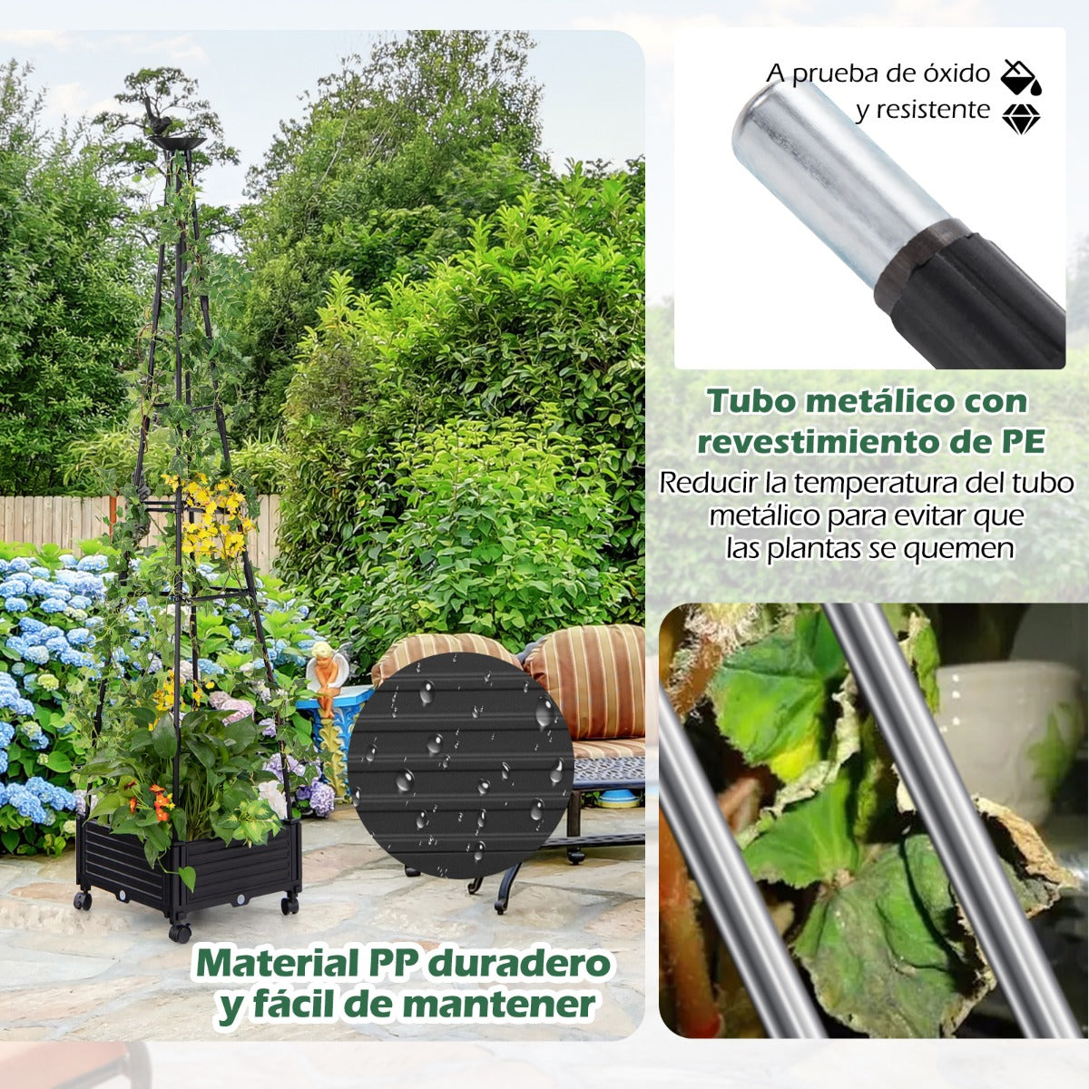 Enrejado de Obelisco para Plantas Trepadoras Soporte Alto con Sistema de Autodrenaje Tamaño Ajustable Ruedas 41 x 41 x 208 cm Negro