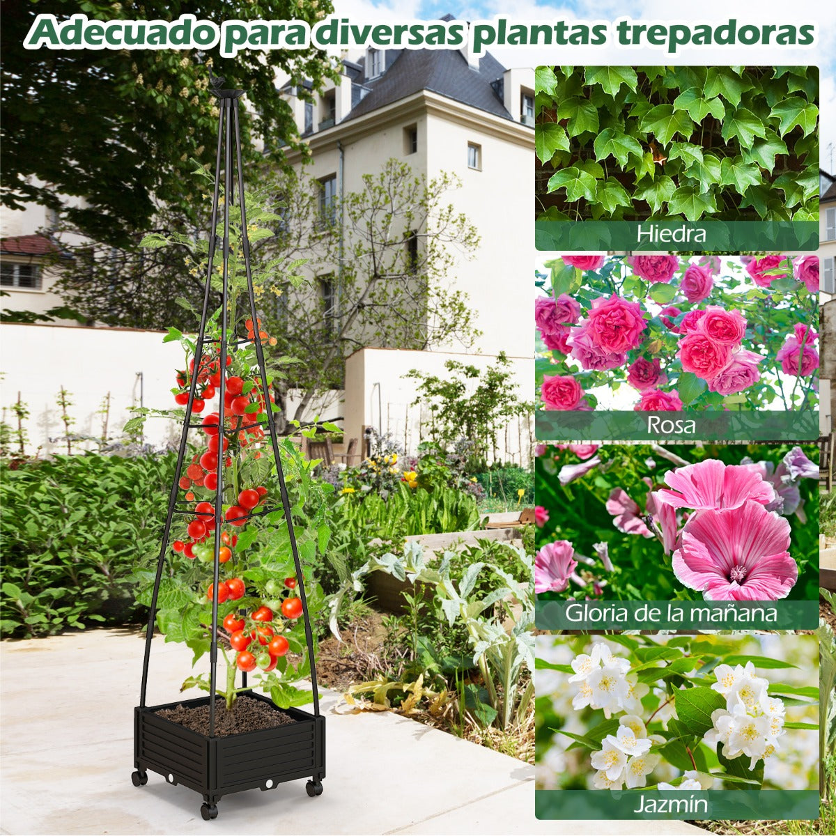 Enrejado de Obelisco para Plantas Trepadoras Soporte Alto con Sistema de Autodrenaje Tamaño Ajustable Ruedas 41 x 41 x 208 cm Negro